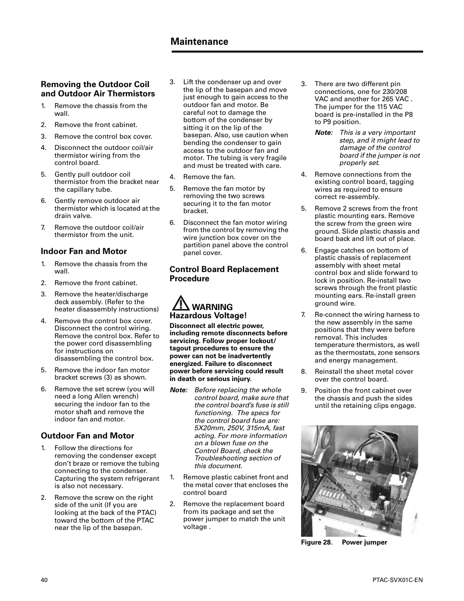 Indoor fan and motor, Outdoor fan and motor, Control board replacement procedure | Maintenance | Trane PTAC-SVX01C-EN User Manual | Page 40 / 52