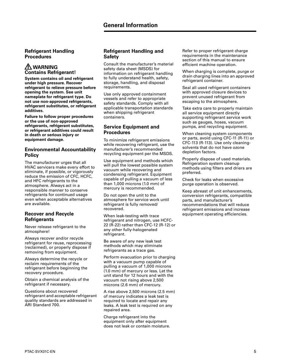 Refrigerant handling procedures, Environmental accountability policy, Recover and recycle refrigerants | Refrigerant handling and safety, Service equipment and procedures, General information | Trane PTAC-SVX01C-EN User Manual | Page 5 / 52