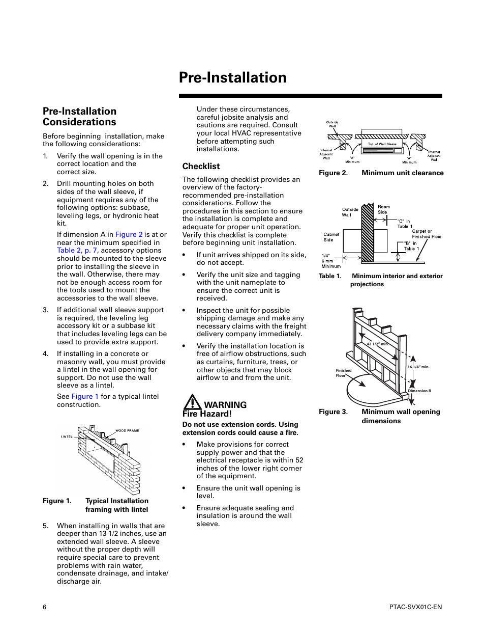 Pre-installation considerations, Checklist, Pre-installation | Pre-installation pre-installation considerations | Trane PTAC-SVX01C-EN User Manual | Page 6 / 52