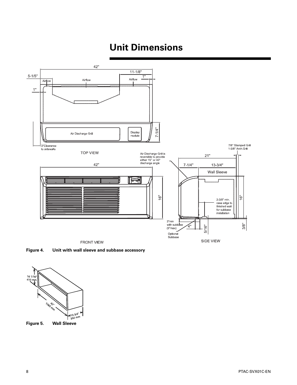 Unit dimensions | Trane PTAC-SVX01C-EN User Manual | Page 8 / 52