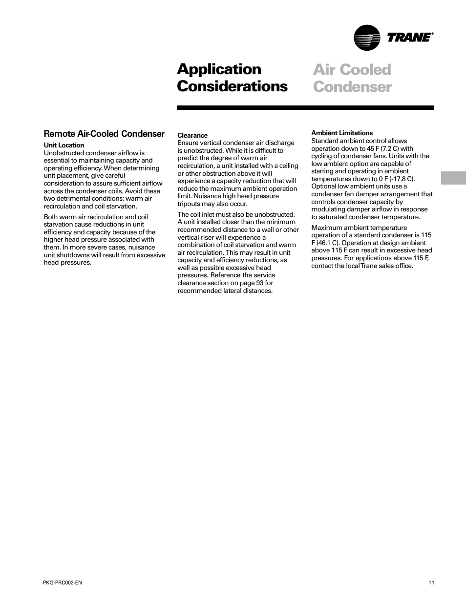 Application considerations, Air cooled condenser | Trane PKG-PRC002-EN User Manual | Page 11 / 101