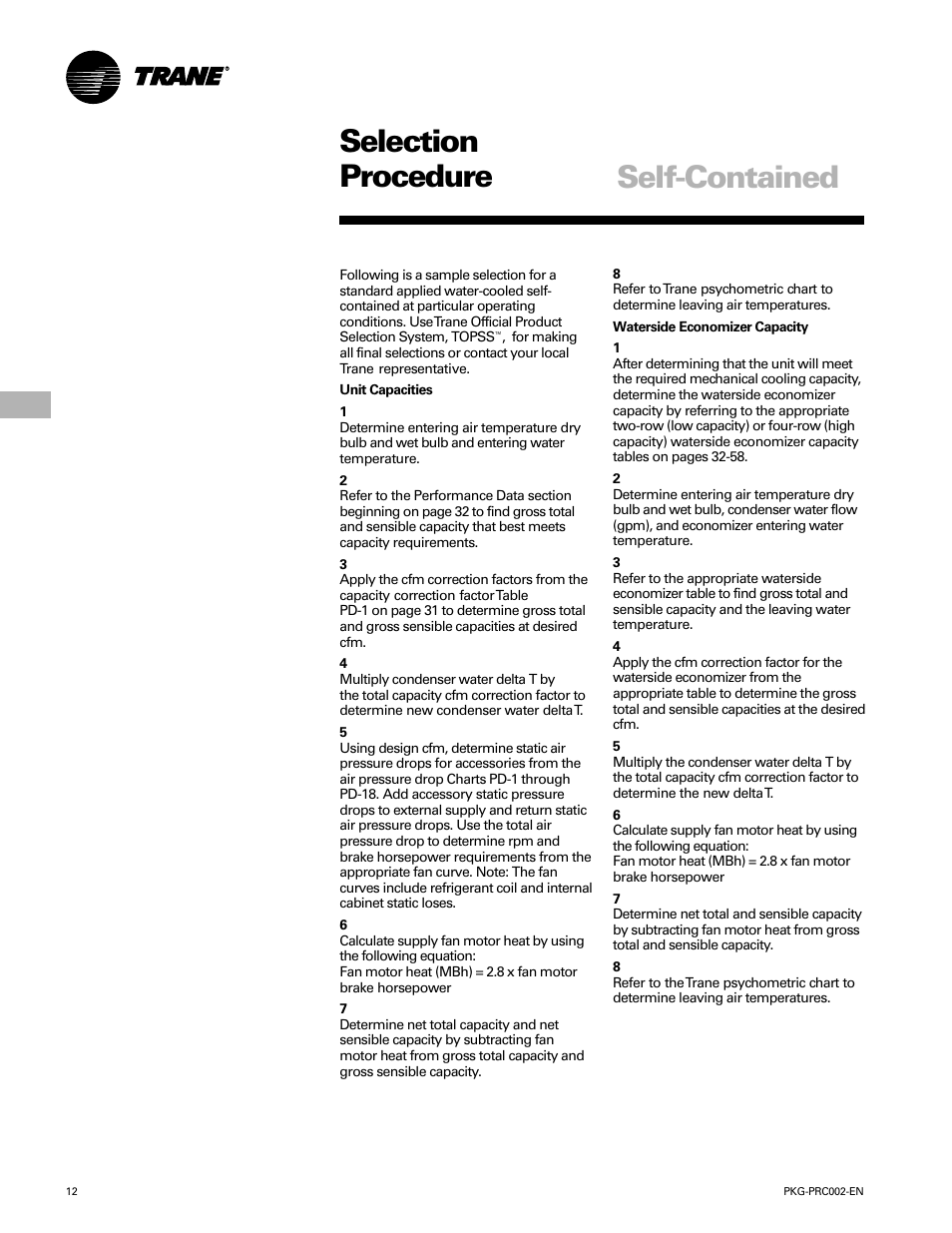 Selection procedure, Self-contained | Trane PKG-PRC002-EN User Manual | Page 12 / 101