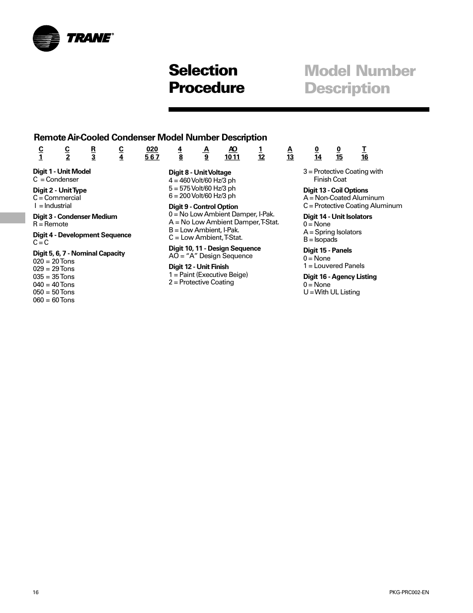 Model number description, Selection procedure | Trane PKG-PRC002-EN User Manual | Page 16 / 101