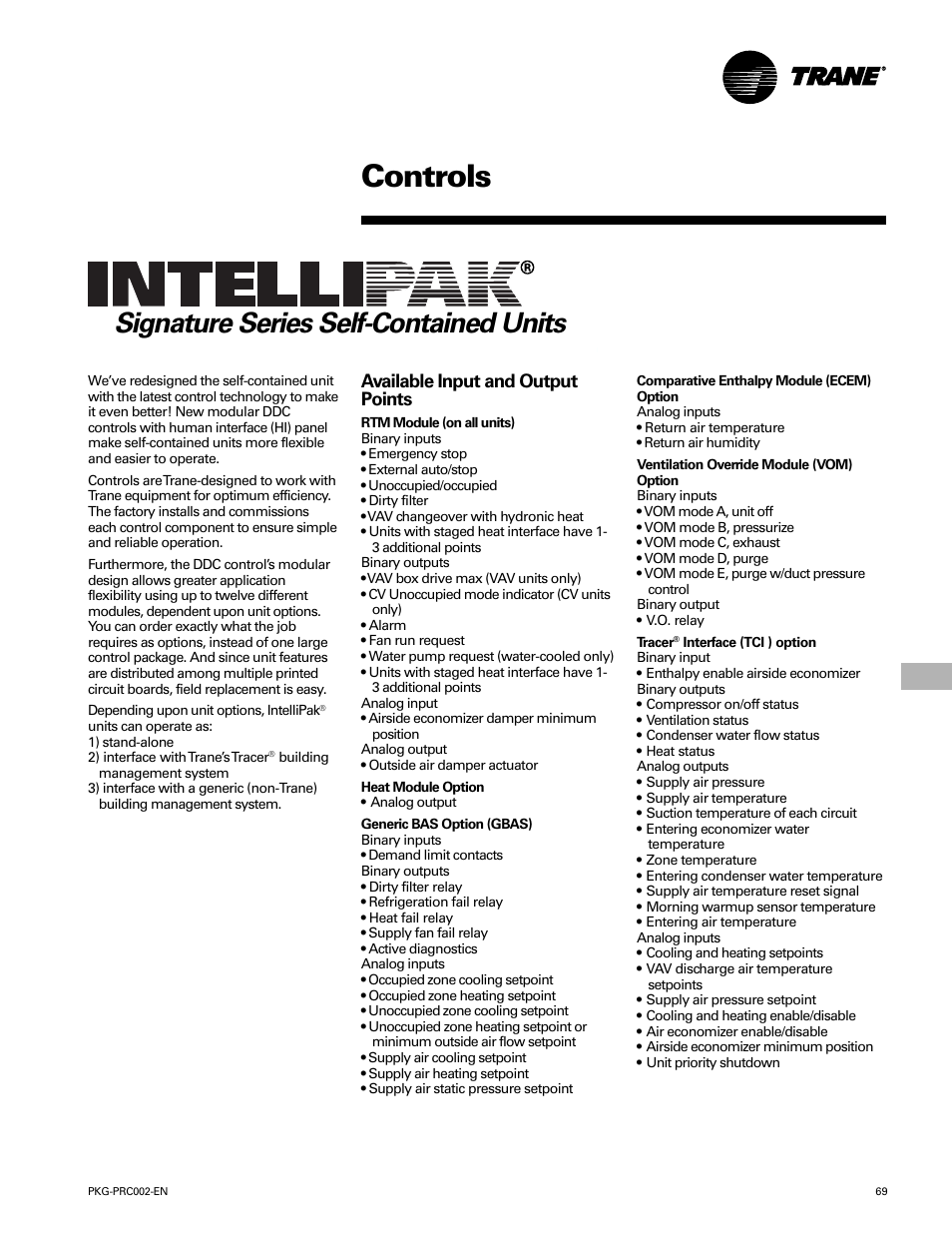 Controls, Signature series self-contained units, Available input and output points | Trane PKG-PRC002-EN User Manual | Page 69 / 101