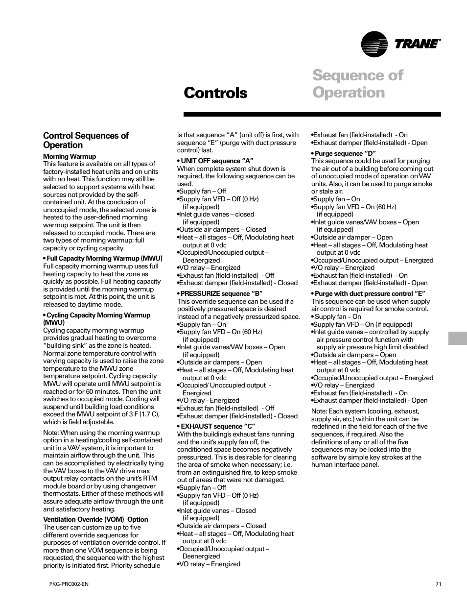 Controls, Sequence of operation | Trane PKG-PRC002-EN User Manual | Page 71 / 101