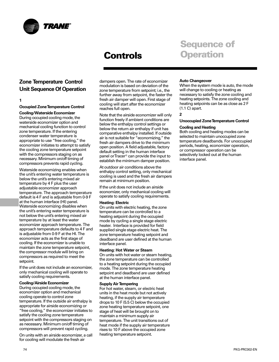 Controls, Sequence of operation | Trane PKG-PRC002-EN User Manual | Page 74 / 101