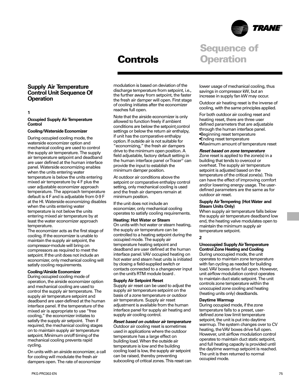 Controls, Sequence of operation | Trane PKG-PRC002-EN User Manual | Page 75 / 101