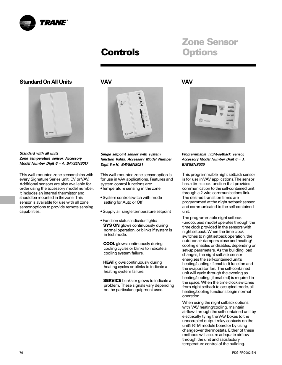 Controls, Zone sensor options | Trane PKG-PRC002-EN User Manual | Page 76 / 101