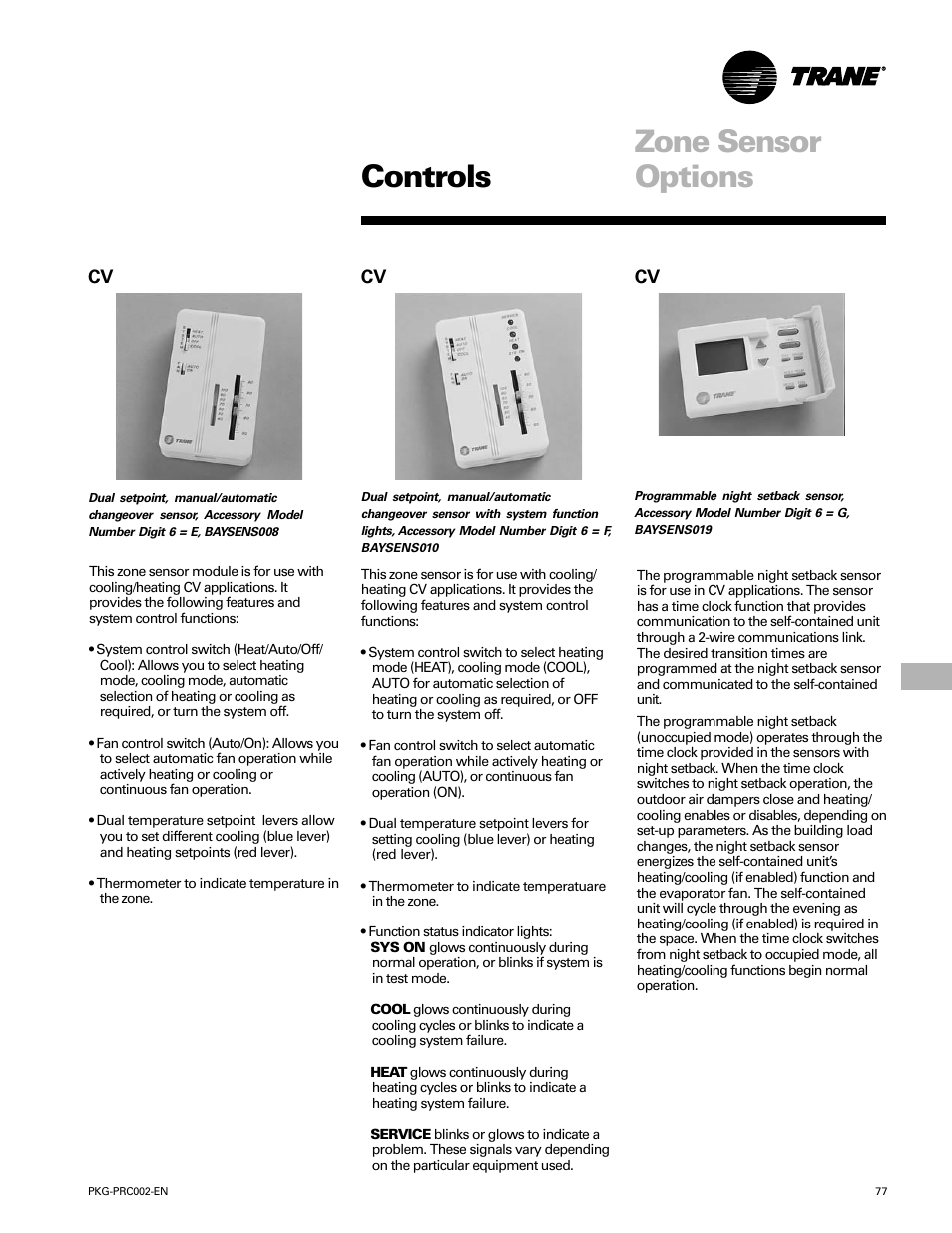 Controls, Zone sensor options | Trane PKG-PRC002-EN User Manual | Page 77 / 101