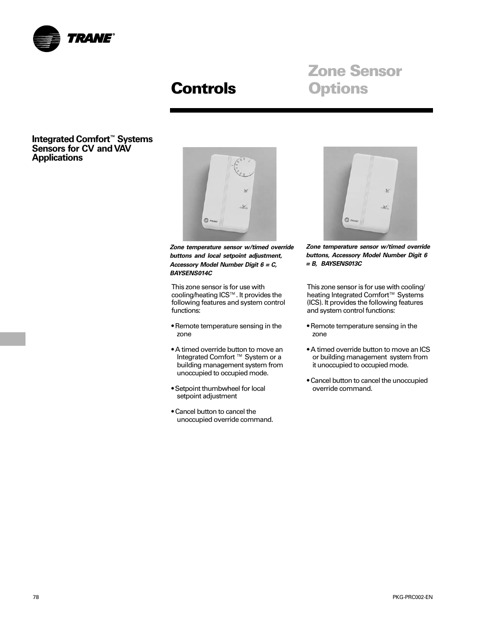 Controls, Zone sensor options | Trane PKG-PRC002-EN User Manual | Page 78 / 101