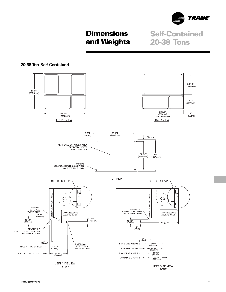 Dimensions and weights, Self-contained 20-38 tons | Trane PKG-PRC002-EN User Manual | Page 81 / 101