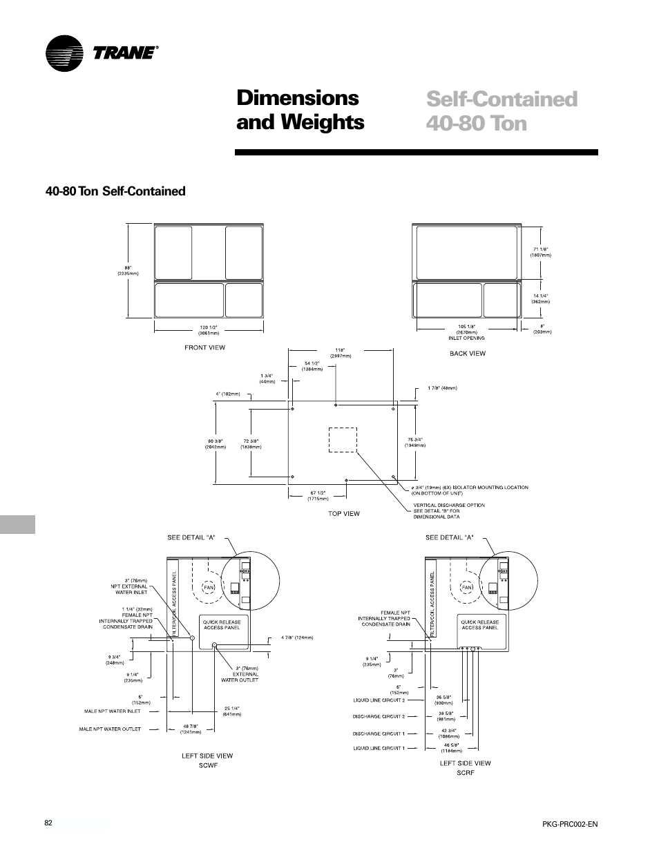 Dimensions and weights, Self-contained 40-80 ton | Trane PKG-PRC002-EN User Manual | Page 82 / 101