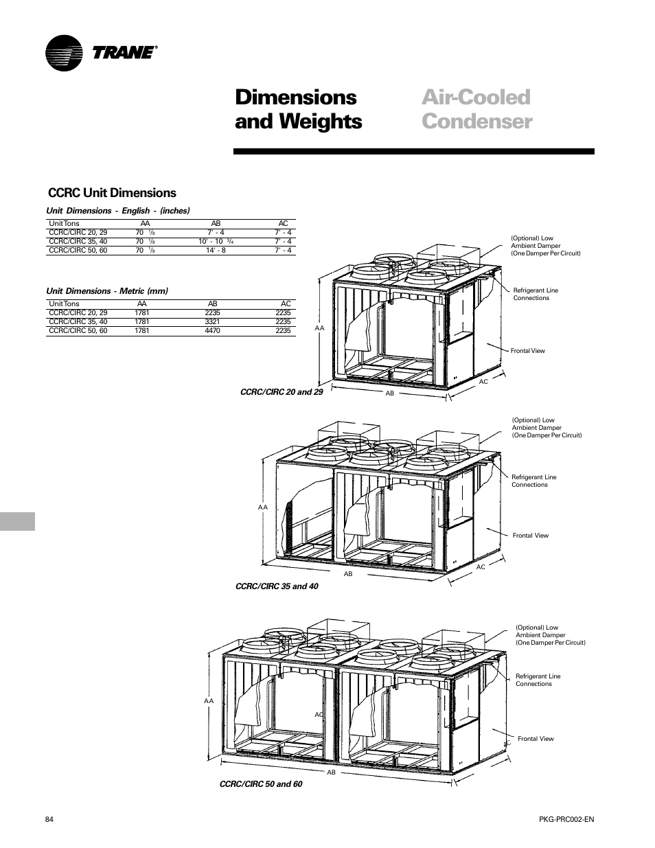 Dimensions and weights, Air-cooled condenser, Ccrc unit dimensions | Trane PKG-PRC002-EN User Manual | Page 84 / 101