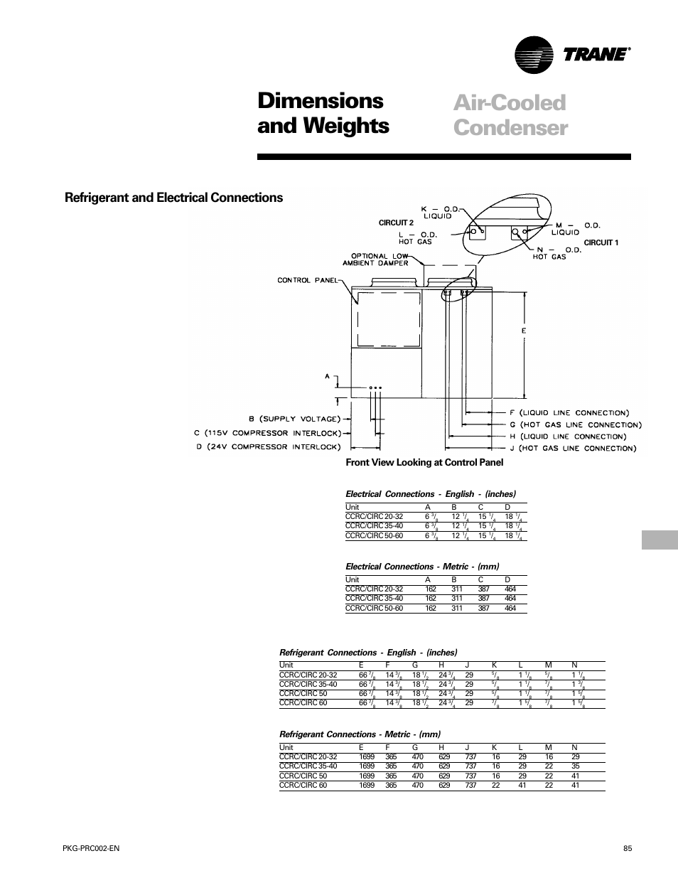 Dimensions and weights, Air-cooled condenser, Refrigerant and electrical connections | Front view looking at control panel | Trane PKG-PRC002-EN User Manual | Page 85 / 101