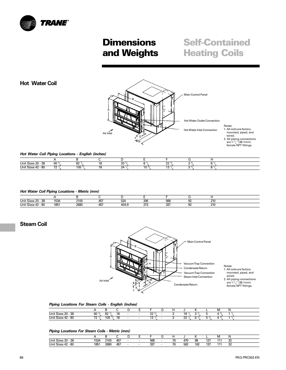 Dimensions and weights, Self-contained heating coils, Hot water coil | Steam coil | Trane PKG-PRC002-EN User Manual | Page 86 / 101