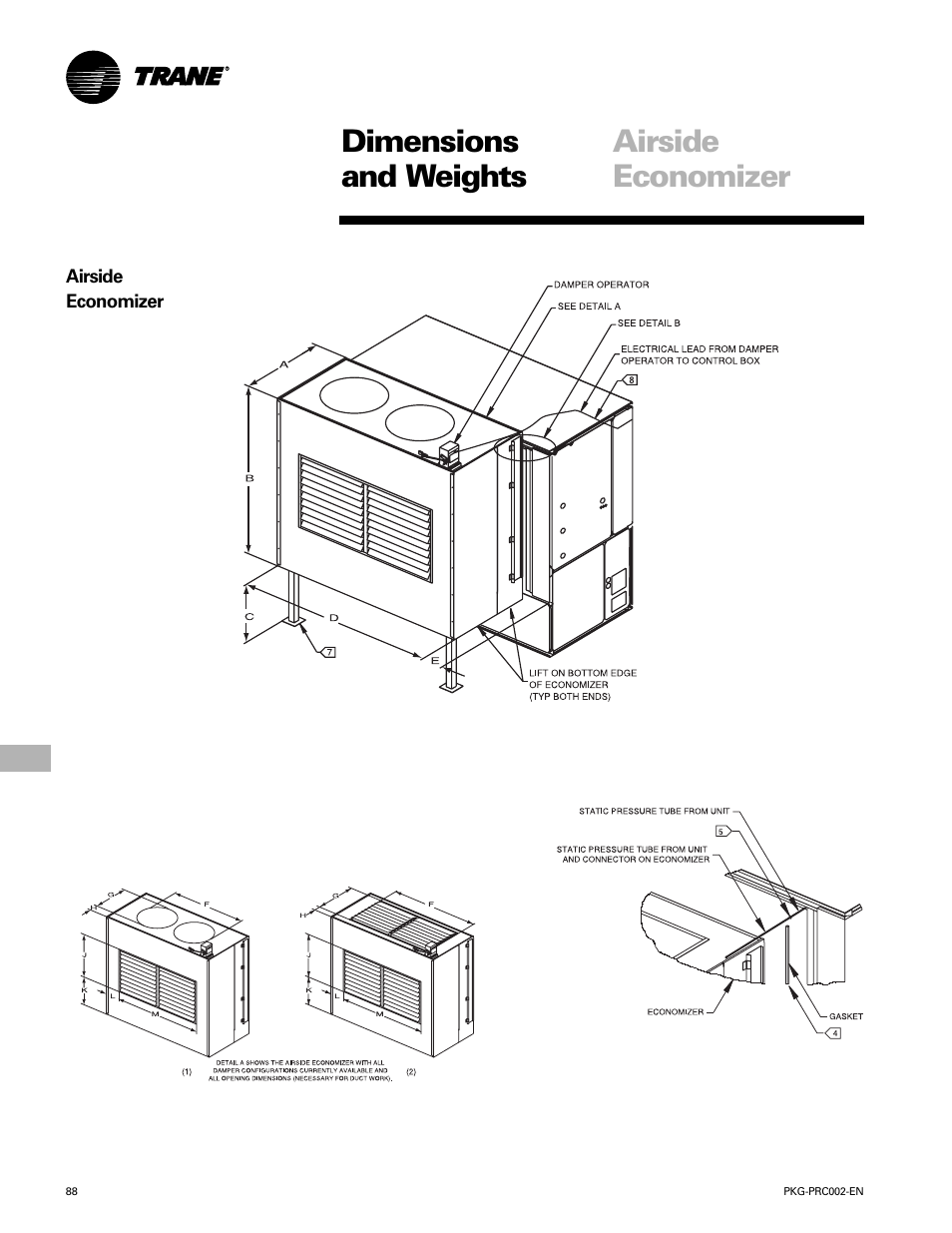 Dimensions and weights, Airside economizer | Trane PKG-PRC002-EN User Manual | Page 88 / 101