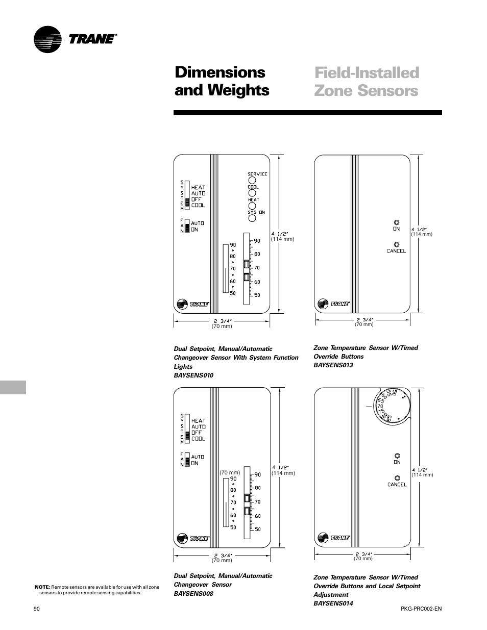 Dimensions and weights, Field-installed zone sensors | Trane PKG-PRC002-EN User Manual | Page 90 / 101