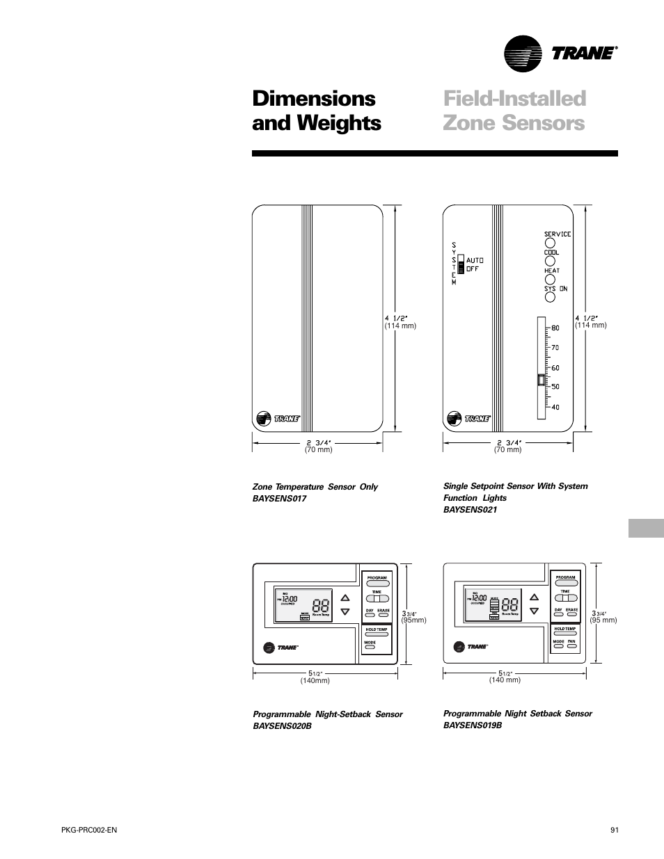 Dimensions and weights, Field-installed zone sensors | Trane PKG-PRC002-EN User Manual | Page 91 / 101