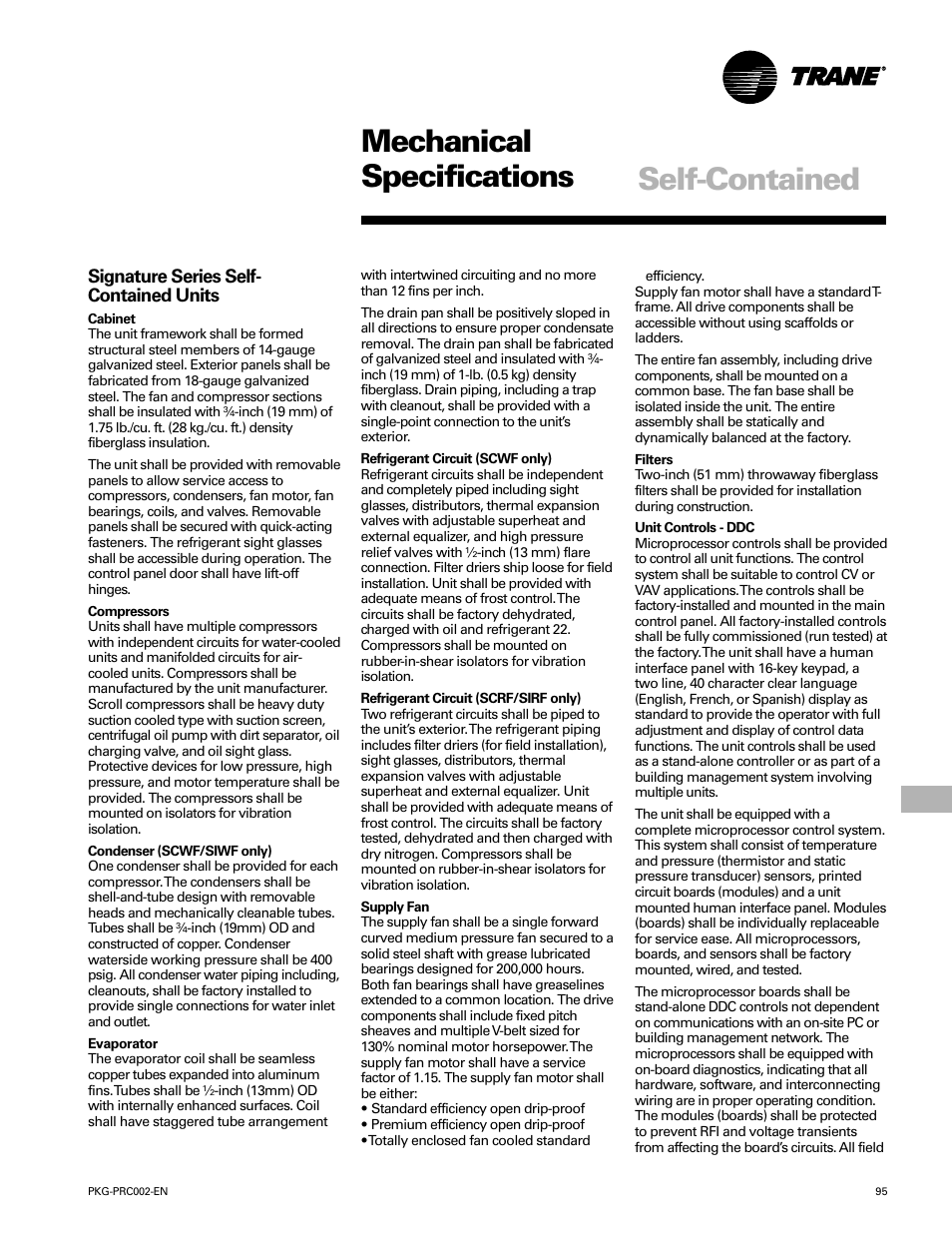 Mechanical specifications, Self-contained | Trane PKG-PRC002-EN User Manual | Page 95 / 101