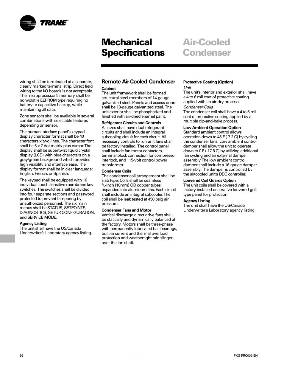 Mechanical specifications, Air-cooled condenser | Trane PKG-PRC002-EN User Manual | Page 96 / 101