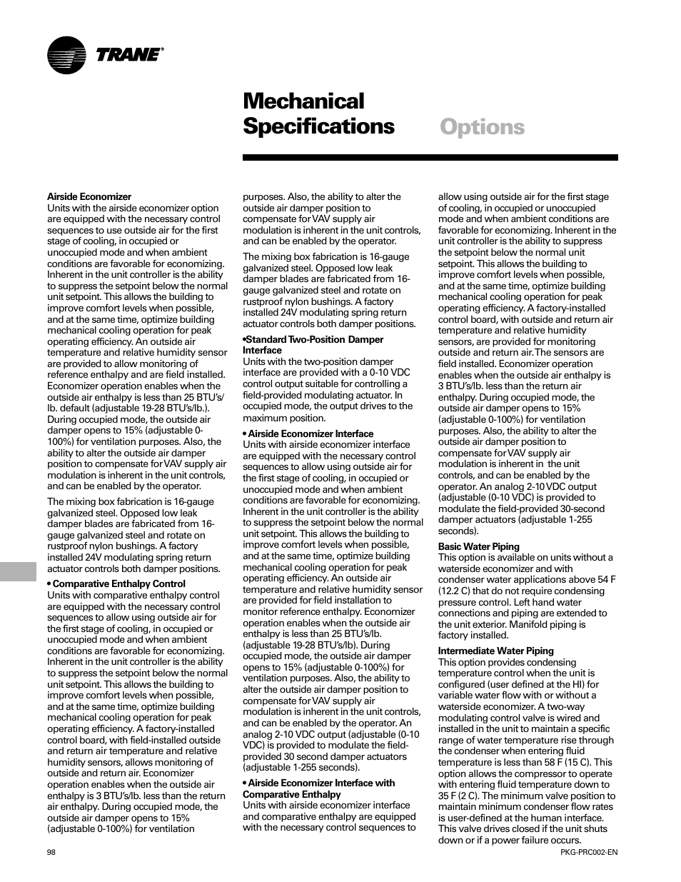 Mechanical specifications, Options | Trane PKG-PRC002-EN User Manual | Page 98 / 101