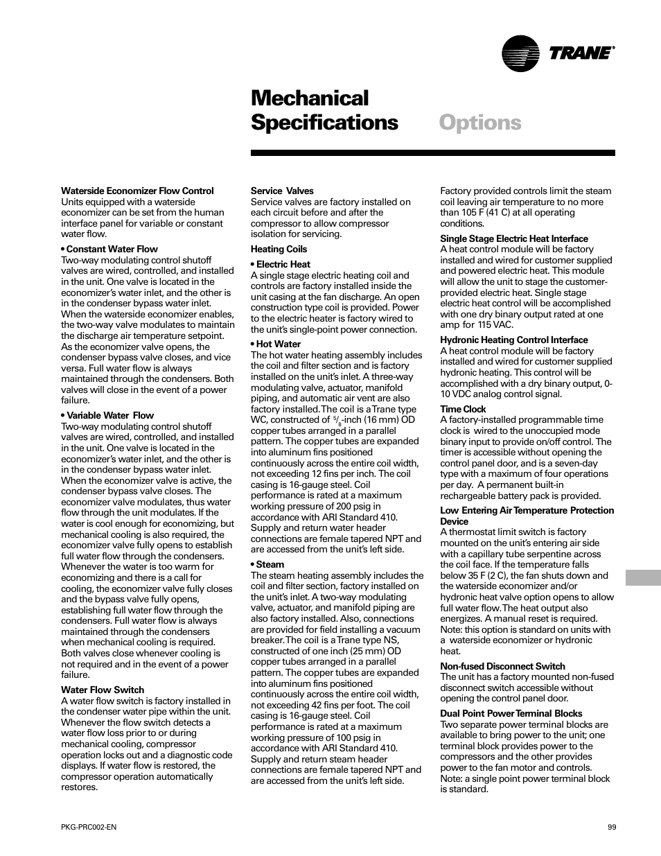 Mechanical specifications options | Trane PKG-PRC002-EN User Manual | Page 99 / 101