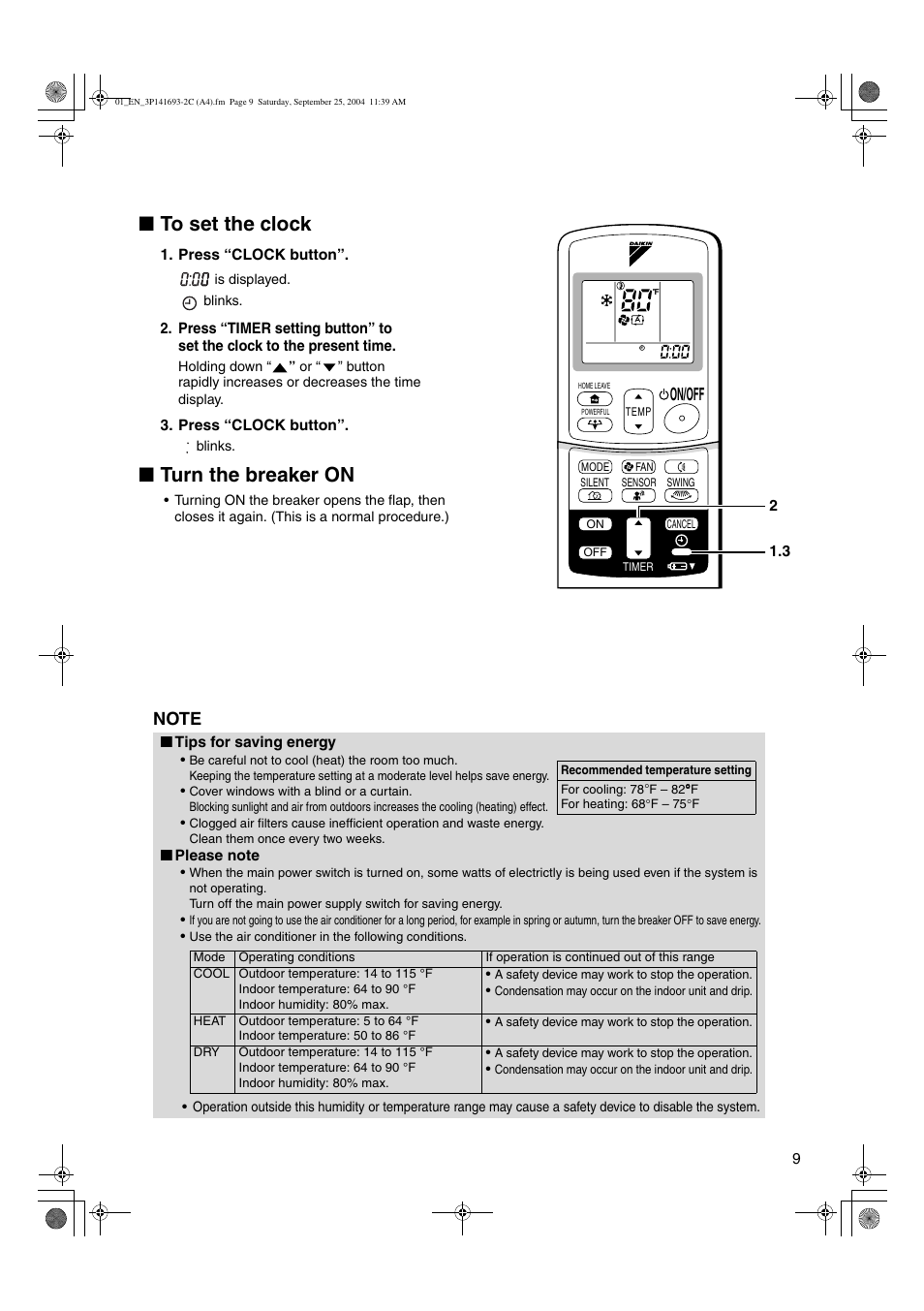 Turn the breaker on, On/off | Trane FTXS15DVJU User Manual | Page 10 / 30