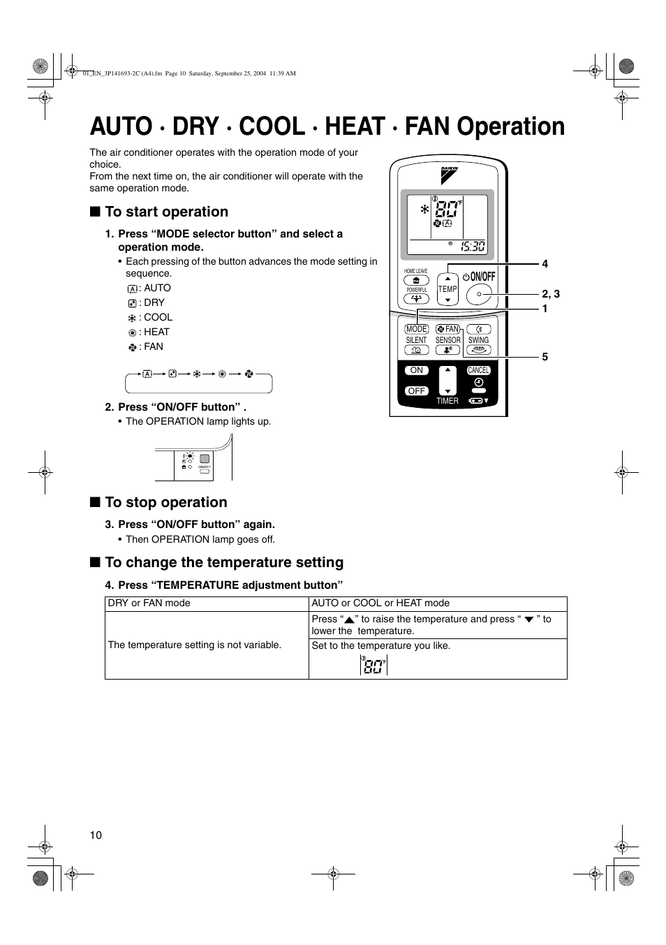 Auto · dry · cool · heat · fan operation, On/off | Trane FTXS15DVJU User Manual | Page 11 / 30