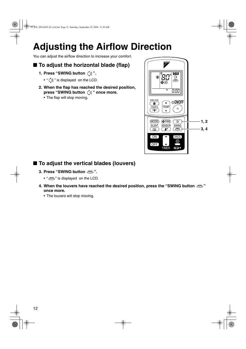 Adjusting the airflow direction, On/off | Trane FTXS15DVJU User Manual | Page 13 / 30