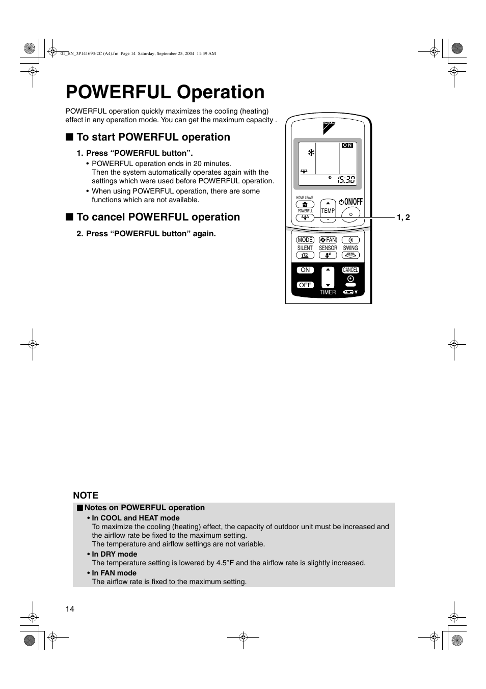 Powerful operation, On/off | Trane FTXS15DVJU User Manual | Page 15 / 30