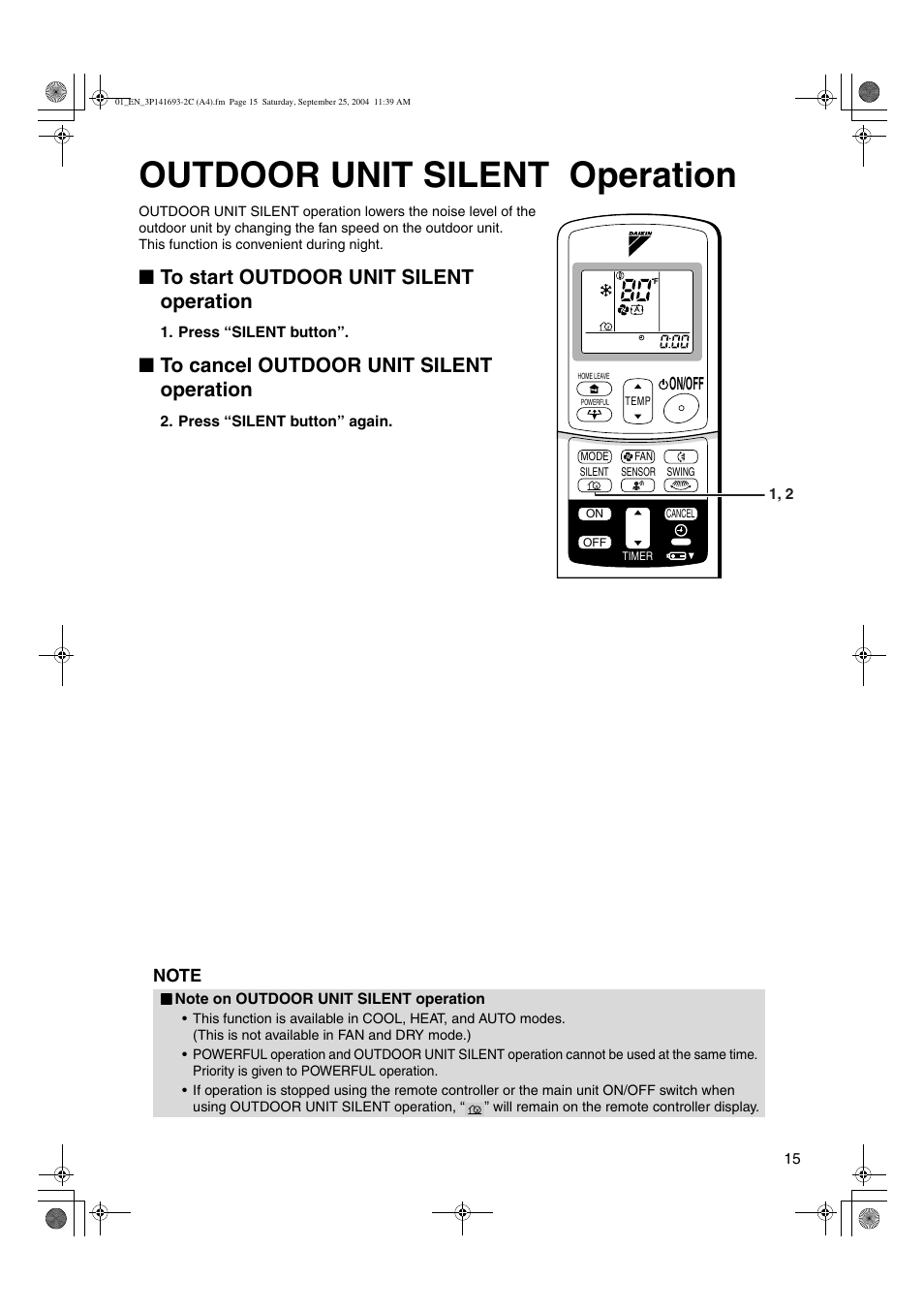 Outdoor unit silent operation, On/off | Trane FTXS15DVJU User Manual | Page 16 / 30