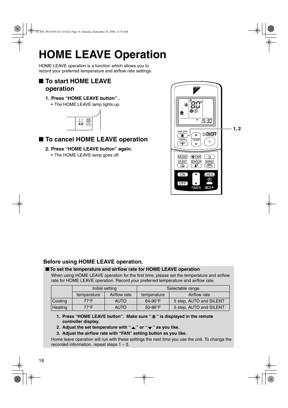 Home leave operation, Before using home leave operation, On/off | Trane FTXS15DVJU User Manual | Page 17 / 30