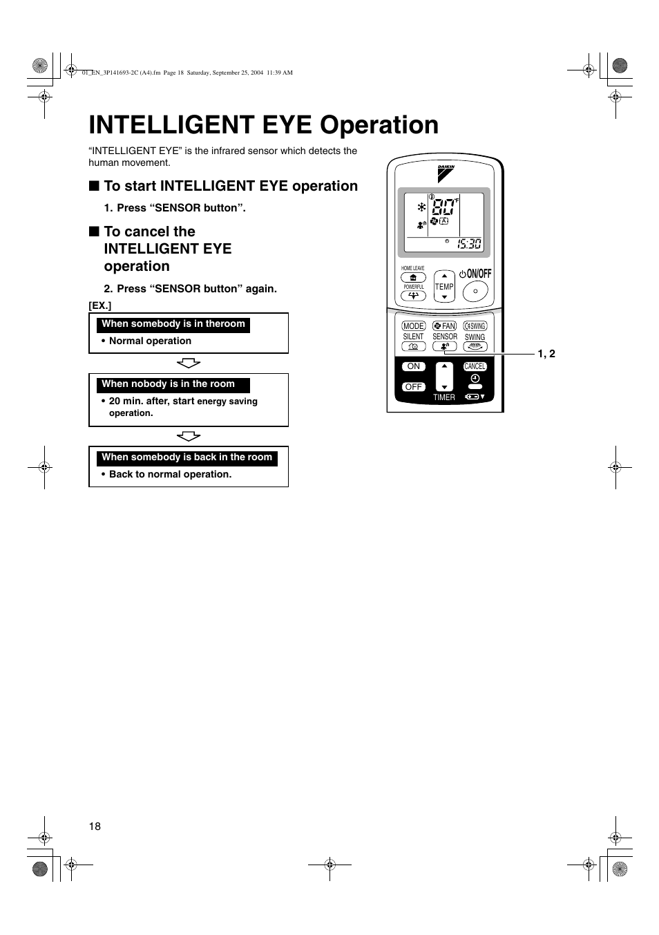Intelligent eye operation, On/off | Trane FTXS15DVJU User Manual | Page 19 / 30