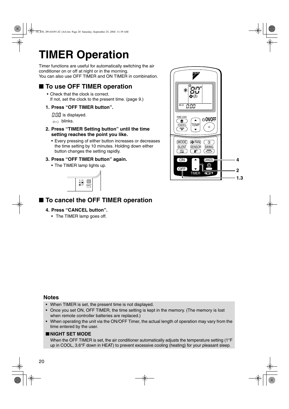 Timer operation, On/off | Trane FTXS15DVJU User Manual | Page 21 / 30