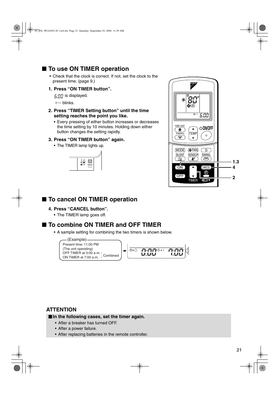 Attention, On/off | Trane FTXS15DVJU User Manual | Page 22 / 30