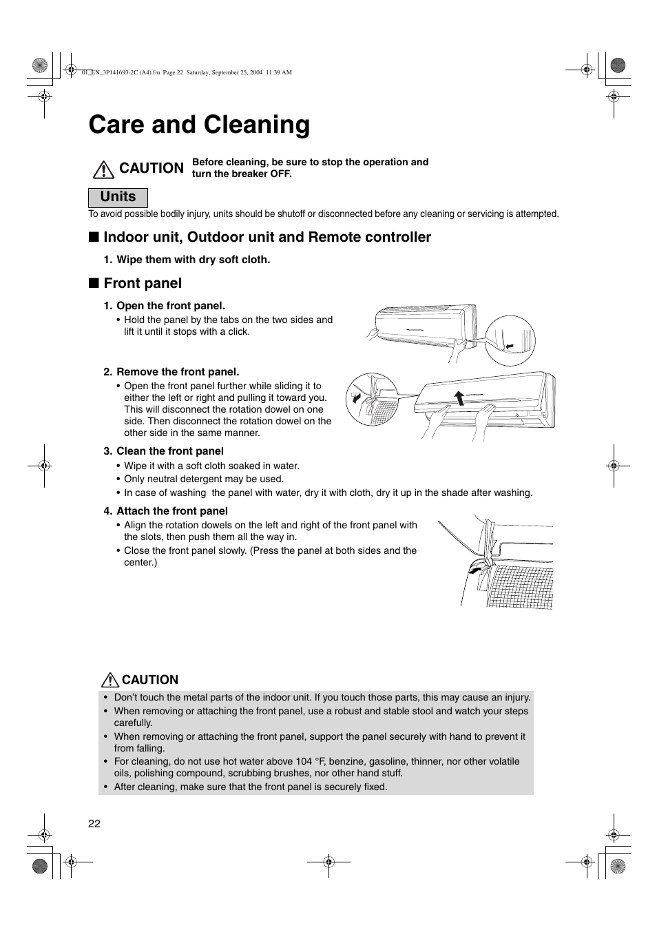 Care and cleaning, Caution, Indoor unit, outdoor unit and remote controller | Front panel, Units | Trane FTXS15DVJU User Manual | Page 23 / 30