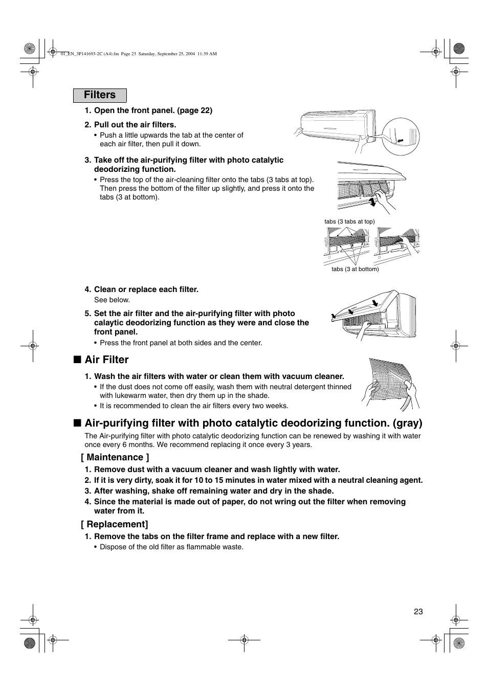 Air filter, Filters | Trane FTXS15DVJU User Manual | Page 24 / 30