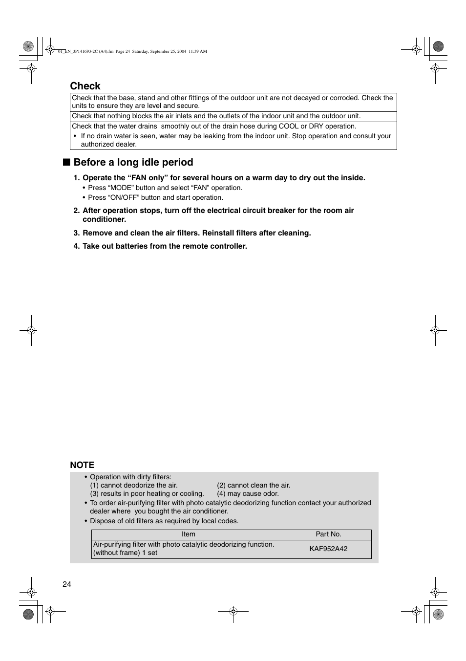 Check ■ before a long idle period | Trane FTXS15DVJU User Manual | Page 25 / 30