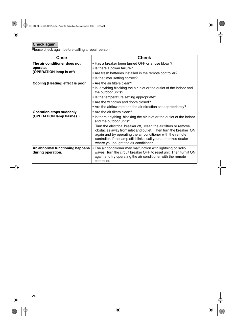 Case check | Trane FTXS15DVJU User Manual | Page 27 / 30