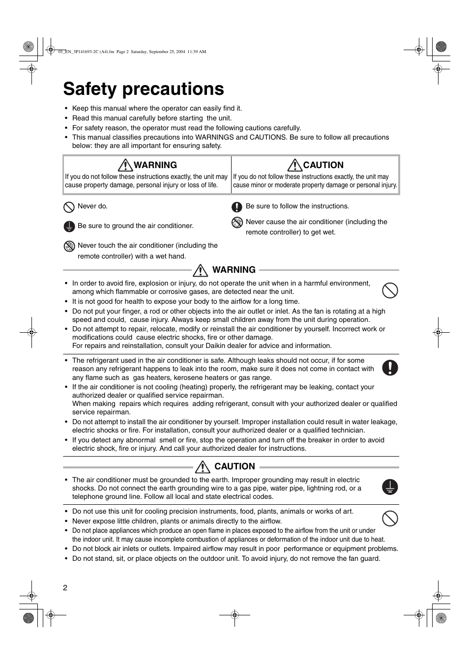 Safety precautions | Trane FTXS15DVJU User Manual | Page 3 / 30