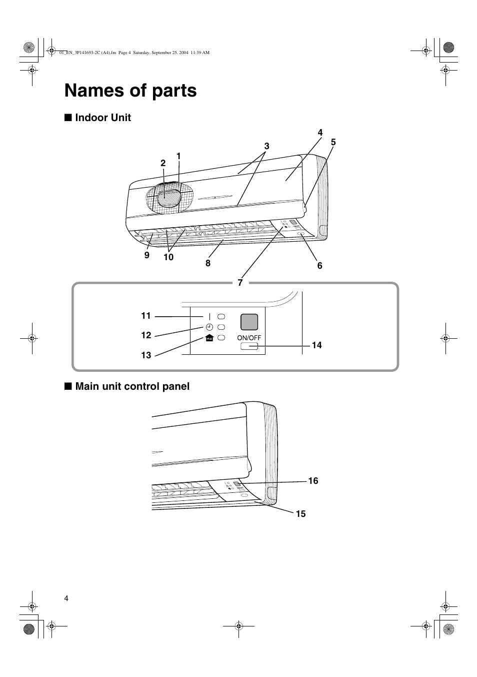 Names of parts | Trane FTXS15DVJU User Manual | Page 5 / 30