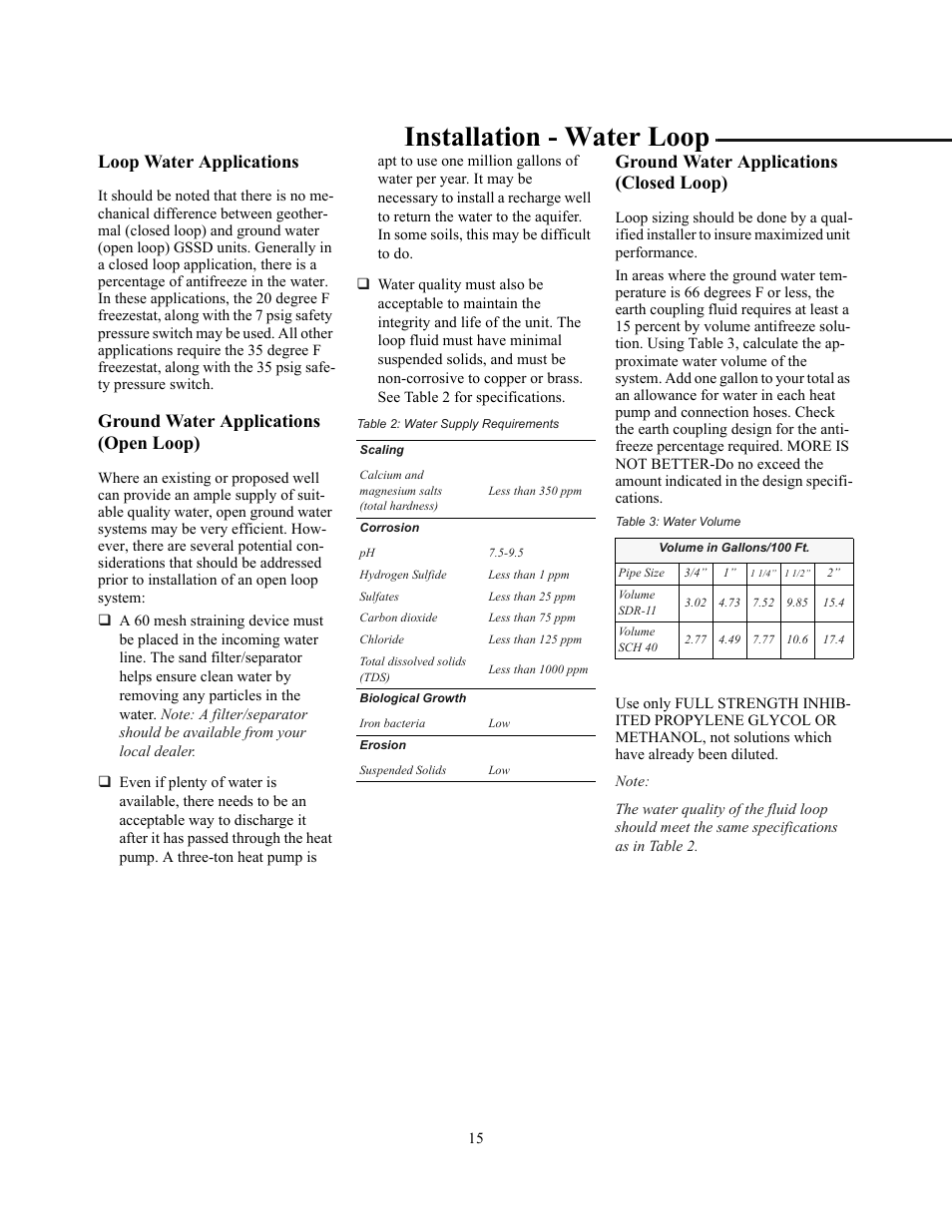 Installation - water loop, Loop water applications, Ground water applications (open loop) | Ground water applications (closed loop) | Trane GSSD User Manual | Page 15 / 18