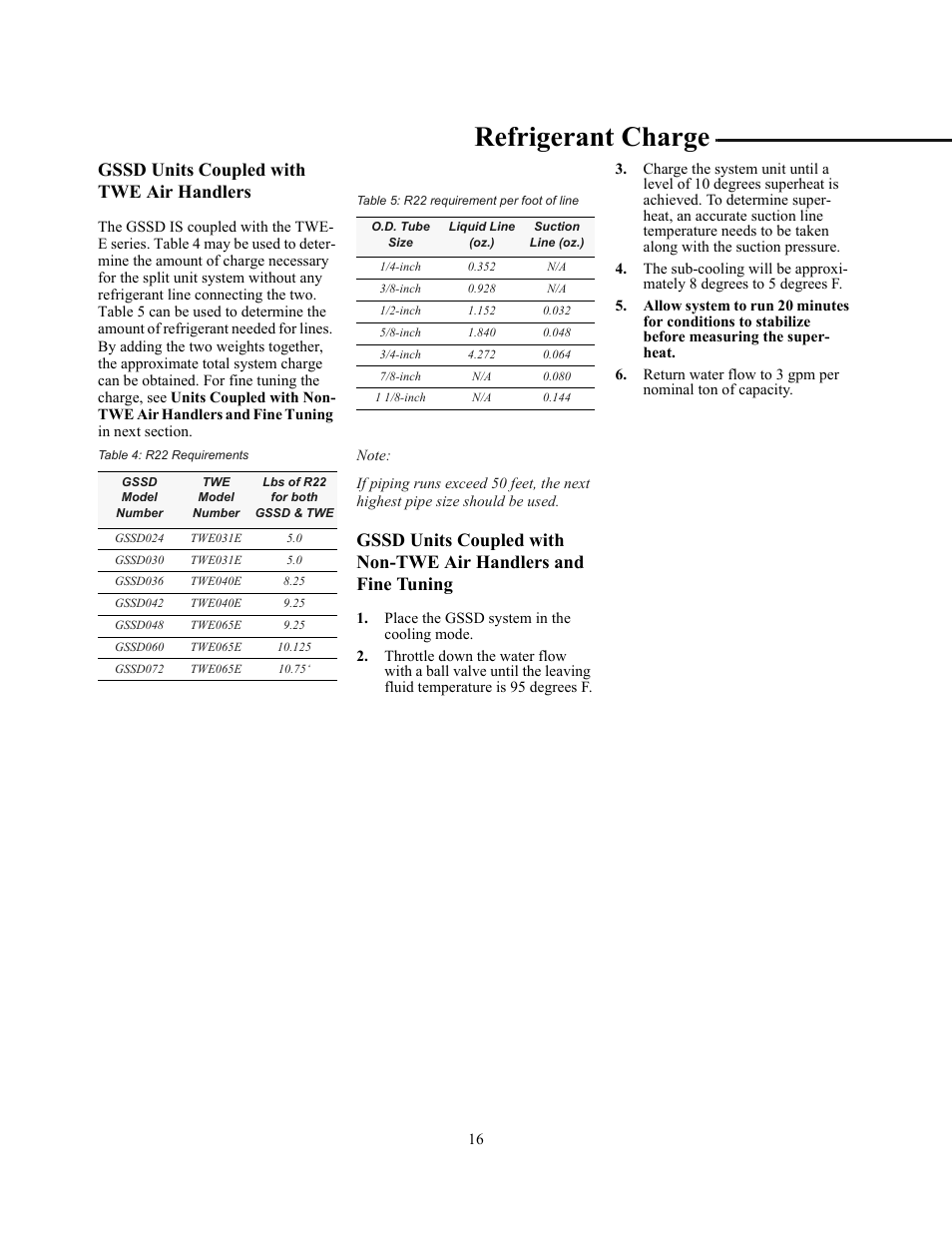 Refrigerant charge, Gssd units coupled with twe air handlers | Trane GSSD User Manual | Page 16 / 18