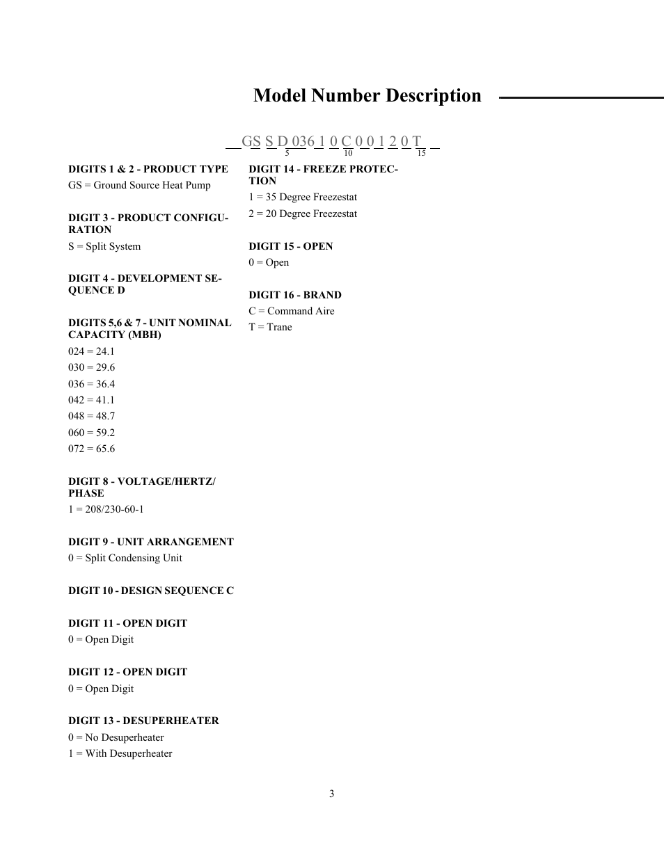 Model number description | Trane GSSD User Manual | Page 3 / 18