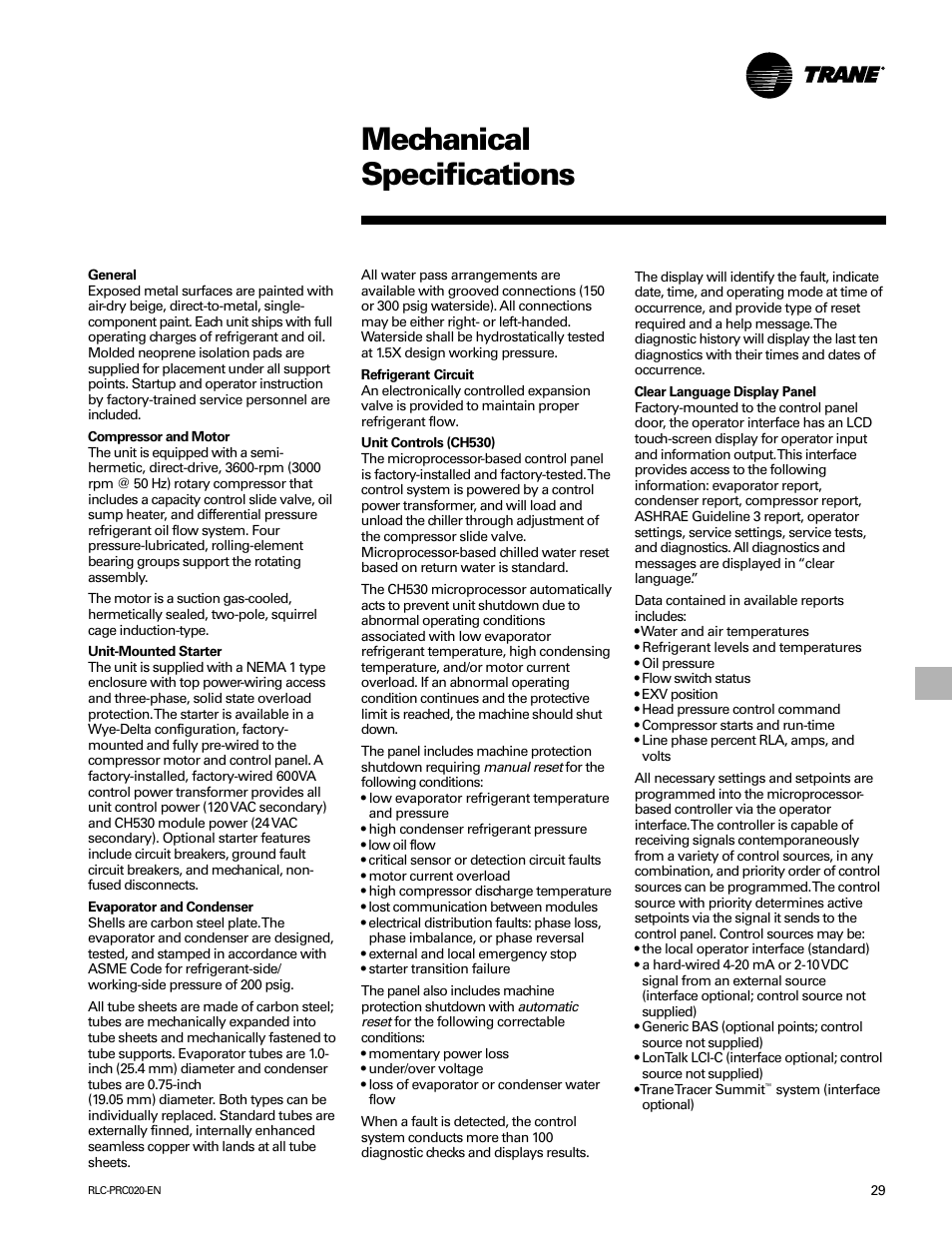 Mechanical specifications | Trane RTHD User Manual | Page 29 / 32