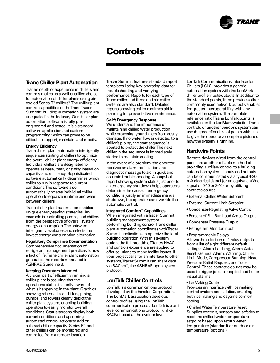 Controls, Trane chiller plant automation, Lontalk chiller controls | Hardwire points | Trane RTHD User Manual | Page 9 / 32