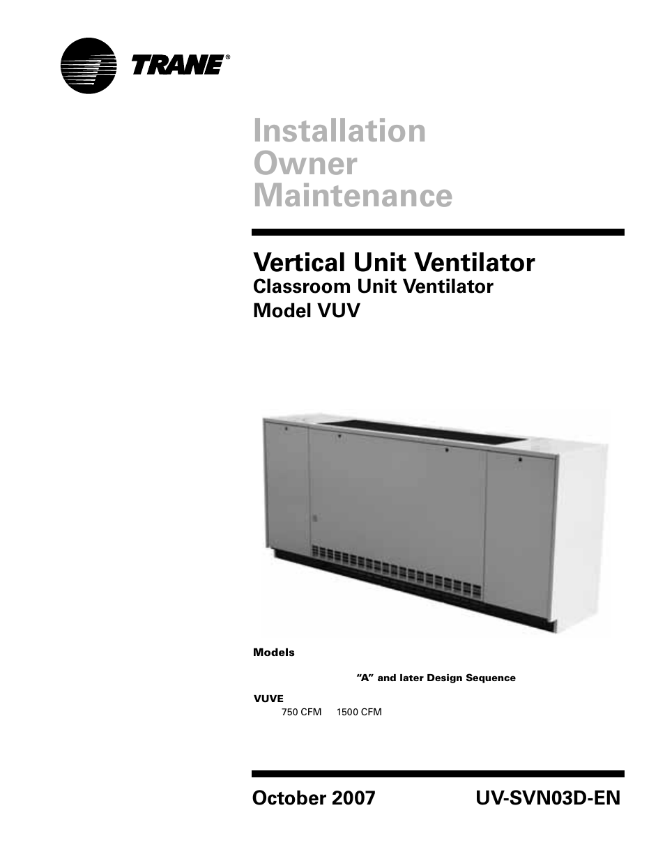 Trane VUV 750 CFM User Manual | 40 pages