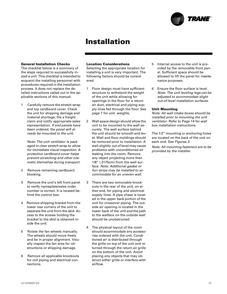 Installation | Trane VUV 750 CFM User Manual | Page 15 / 40