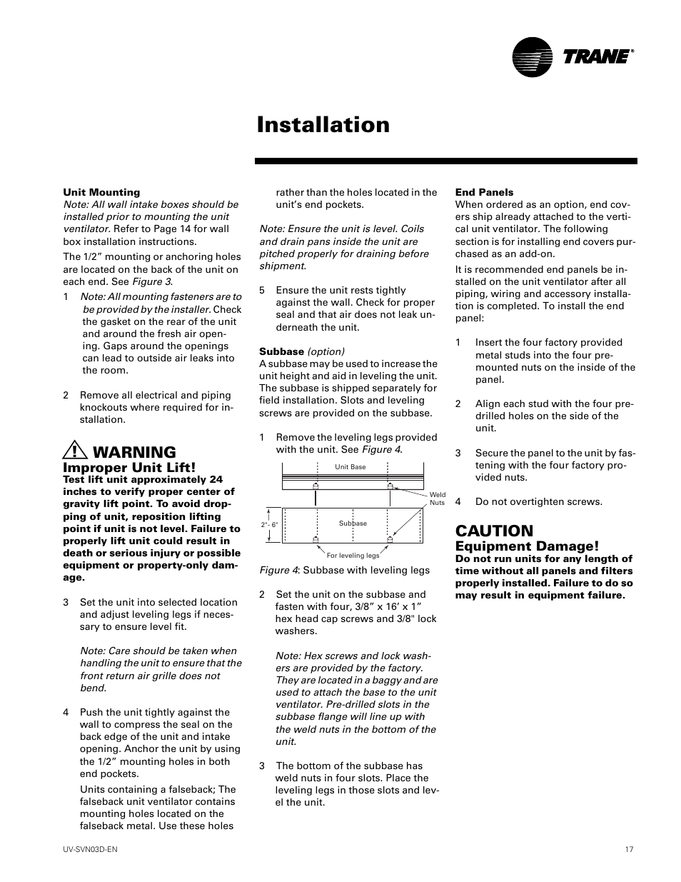 Installation, Warning, Caution | Improper unit lift, Equipment damage | Trane VUV 750 CFM User Manual | Page 17 / 40