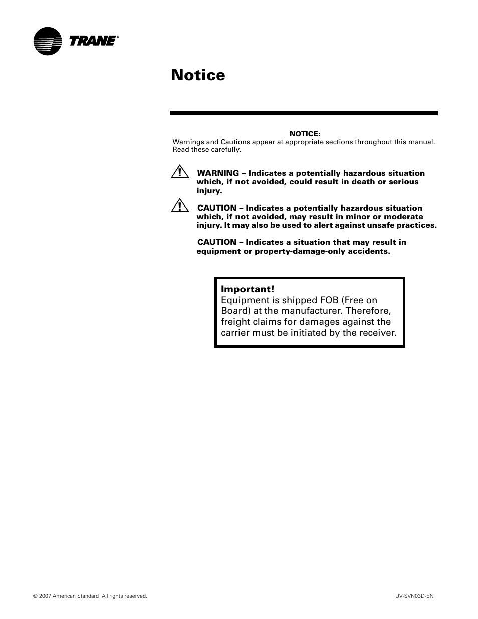 Notice | Trane VUV 750 CFM User Manual | Page 2 / 40